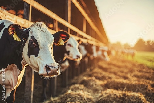 Peaceful farm scene with cows in a barn during golden hour, showcasing the beauty of rural life and livestock.