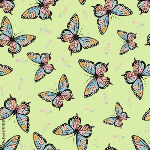 A seamless pattern featuring a butterfly on a yellow-green background, in the boho style.
