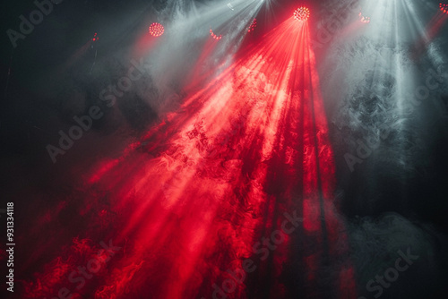 vibrant red stage light, enveloped in a haze of smoke, illuminates rock music concert, casting dramatic silhouettes of energetic crowd against backdrop of intense stage lights, creating a captivating 