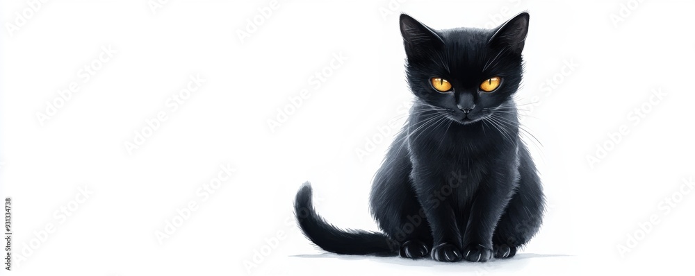 a sleek black cat with glowing eyes, sitting poised against a white background a sleek black cat with glowing eyes, sitting poised against a white background
