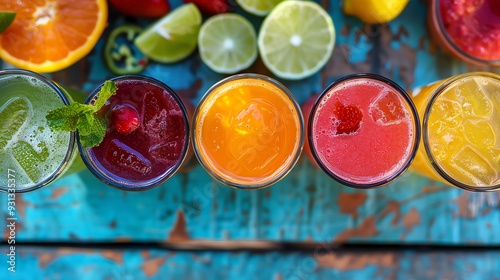 A vibrant array of refreshing fruit juices displayed on a rustic blue wooden table, garnished with fresh fruits and mint leaves.