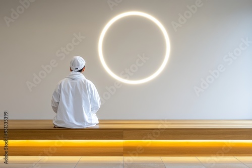 Meditative figure sitting cross legged in a modern minimalist space with a glowing circular light embodying peace mindfulness and the pursuit of inner balance and harmony