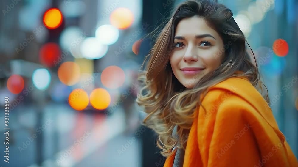 a woman in a yellow coat standing on a city street a woman in a yellow coat standing on a city street