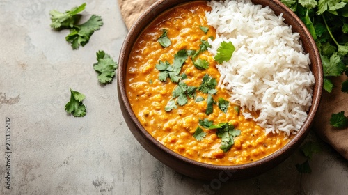 A bowl of rich, creamy dal with basmati rice, with ample space on the side for a message