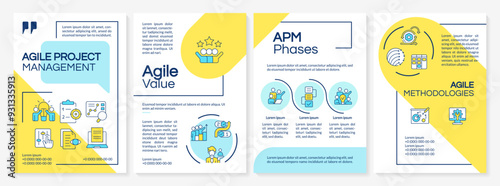 Agile methodology blue and yellow brochure template. APM phases. Leaflet design with linear icons. Editable 4 vector layouts for presentation, annual reports. Questrial, Lato-Regular fonts used