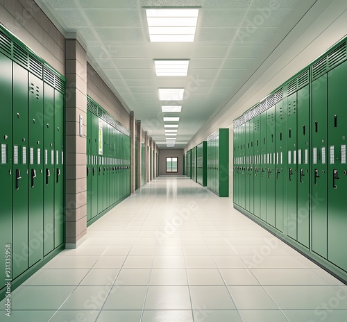 school hallway with green lockers, white tile floor, ceiling lights, photo realistic photo