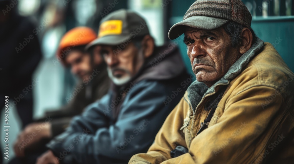 A group of men sitting together, displaying expressions of contemplation and resilience. The foreground man has a serious expression, conveying a sense of hardship. A group of men sitting together, displaying expressions of contemplation and resilience. The foreground man has a serious expression, conveying a sense of hardship.