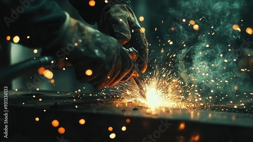 A skilled welder creates sparks while working, showcasing focus and precision. The scene is dynamic and filled with energy.