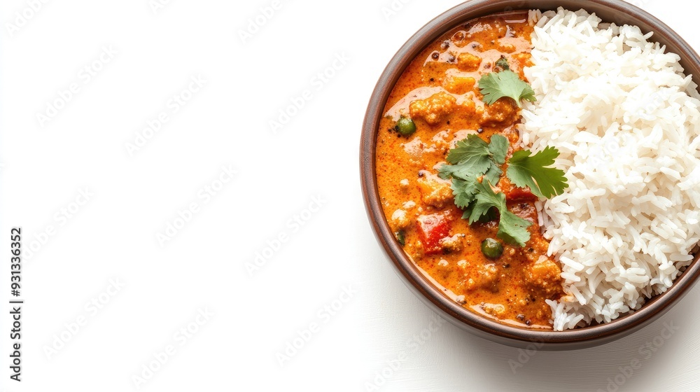 A bowl of spicy Indian curry with basmati rice, with a blank area on the right for copy A bowl of spicy Indian curry with basmati rice, with a blank area on the right for copy