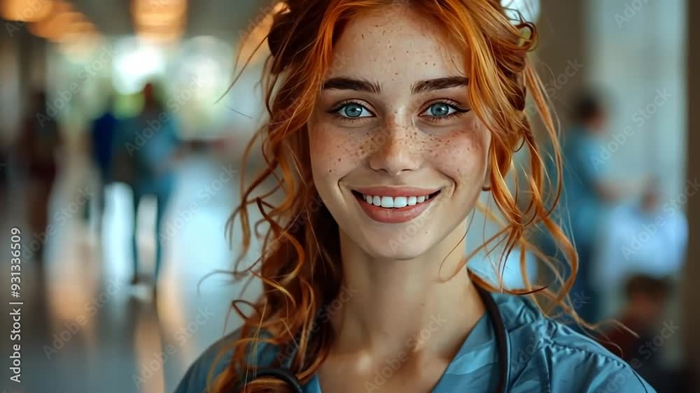 Young nurse with red hair and freckles smiles warmly in a hospital corridor during the day Young nurse with red hair and freckles smiles warmly in a hospital corridor during the day