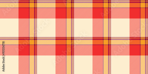 Graphic fabric pattern texture, random textile seamless vector. Repetitive check background tartan plaid in papaya whip and red colors.