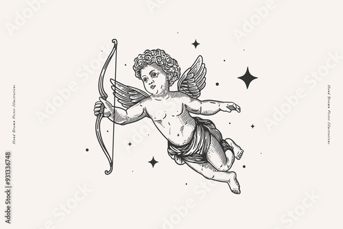 Cute Cupid with love arrow and bow. Beautiful Amur in engraving style. God of love and romance. Mythological antique character on a pink background.