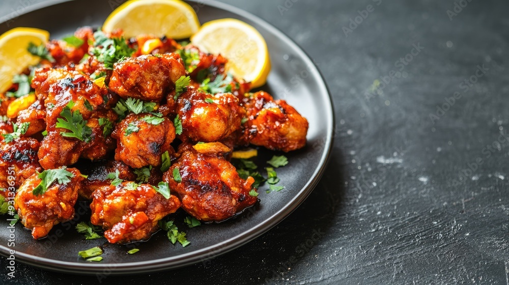 A close-up of a plate of spicy chicken 65 with lemon wedges, leaving space on the side for text A close-up of a plate of spicy chicken 65 with lemon wedges, leaving space on the side for text