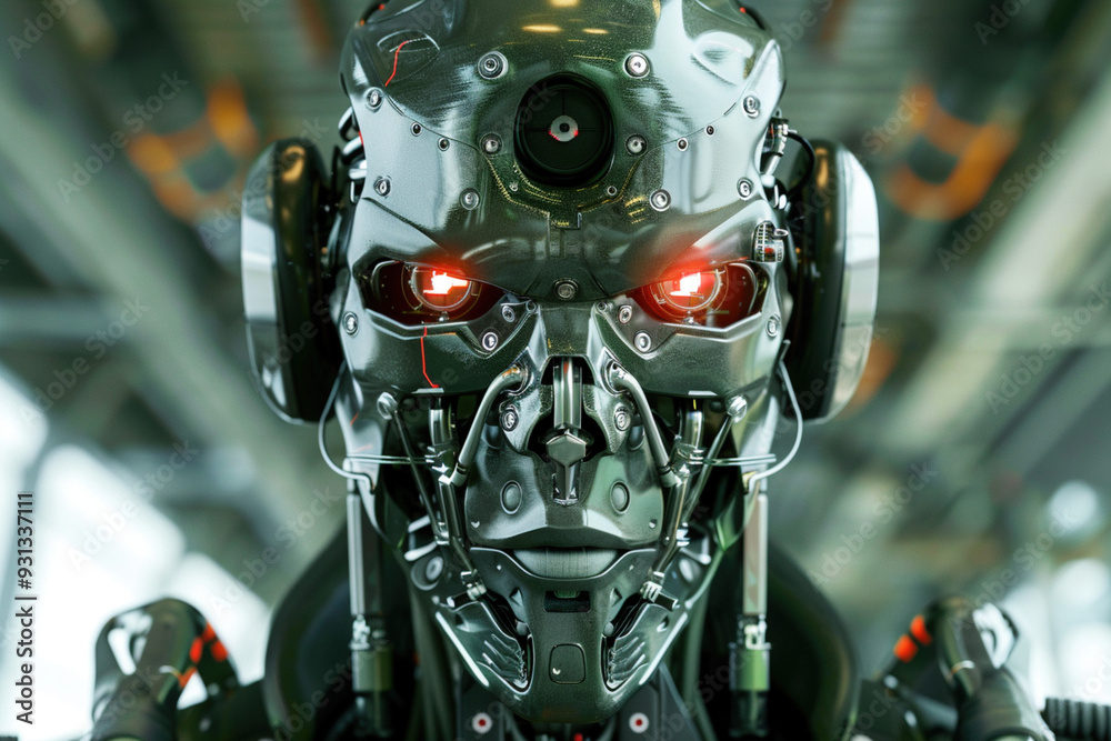 Military automated futuristic robot looking into camera screen. Advanced technology, engineer development of artificial intelligence innovation Military automated futuristic robot looking into camera screen. Advanced technology, engineer development of artificial intelligence innovation