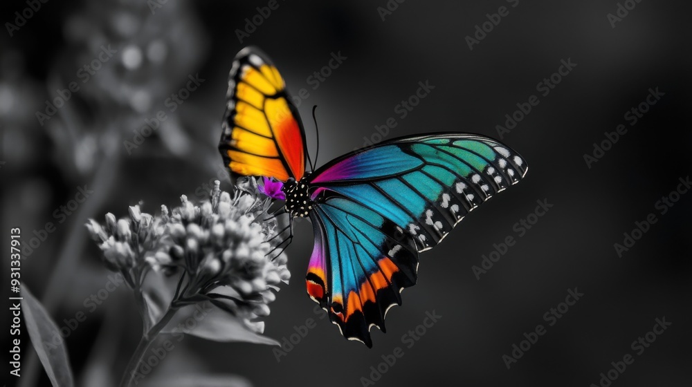 Fototapeta premium A vibrant butterfly perched on a flower in a monochrome setting.