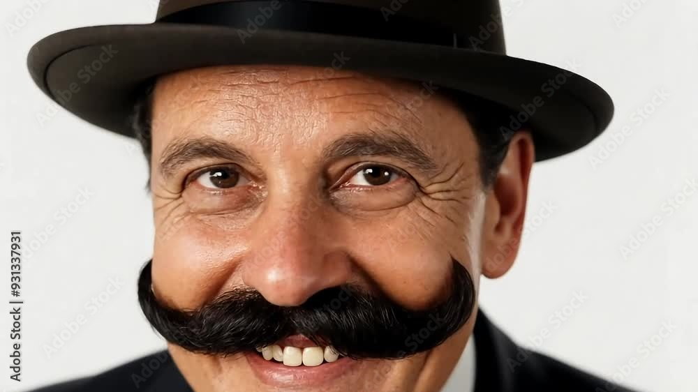 Close-up, static shot of a middle-aged man with a stylish mustache smiling, symbolizing confidence, joy, and sophistication Close-up, static shot of a middle-aged man with a stylish mustache smiling, symbolizing confidence, joy, and sophistication