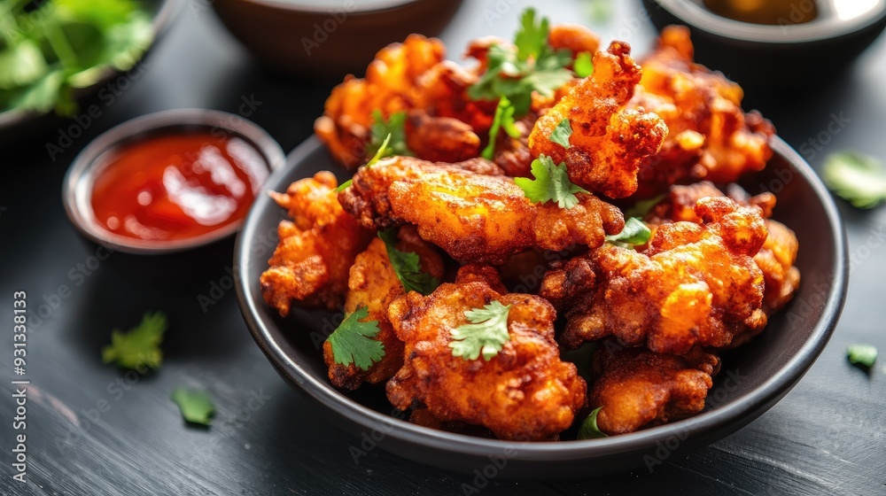 A serving of hot, crispy pakoras with chutney, with room on the top for text A serving of hot, crispy pakoras with chutney, with room on the top for text