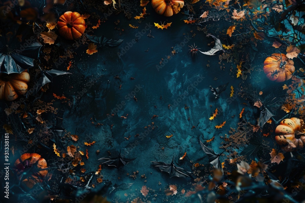 Halloween Holiday Background with Pumpkins, Bats, and Autumn Leaves - Perfect for Seasonal Design and Decorations