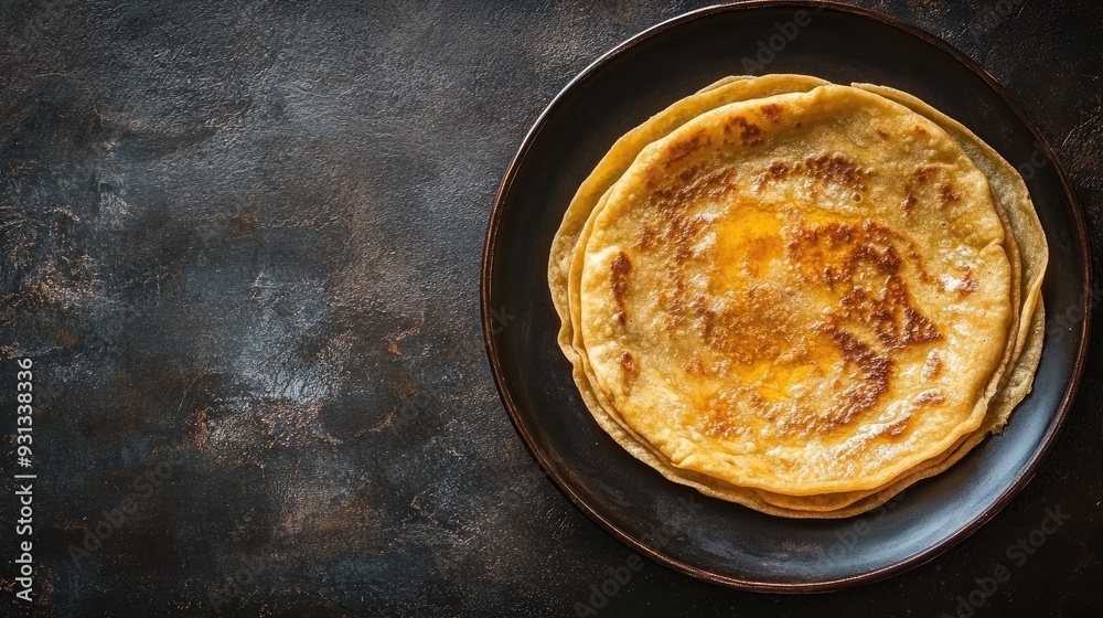 A serving of hot, fluffy puran poli with ghee, with blank space on the side for copy A serving of hot, fluffy puran poli with ghee, with blank space on the side for copy