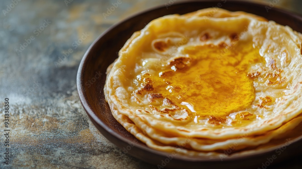 A serving of hot, fluffy puran poli with ghee, with blank space on the side for copy A serving of hot, fluffy puran poli with ghee, with blank space on the side for copy