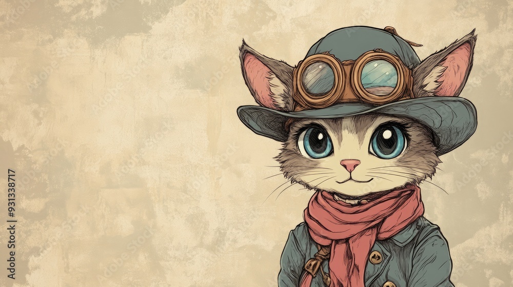 Fototapeta premium A cute cartoon cat wearing a hat, goggles, and a scarf, with a beige background.
