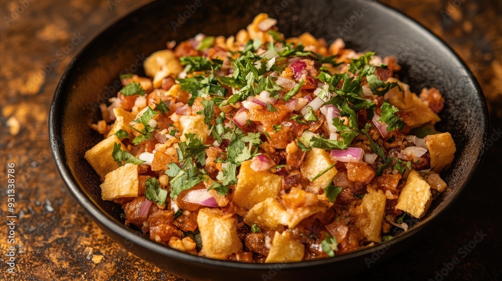 A serving of sweet and tangy papri chaat with ample space on the side for copy