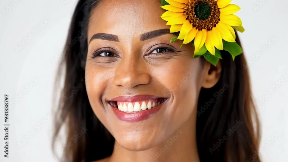 Close-up of a happy woman with a sunflower in her hair, smiling brightly at the camera, radiating joy and happiness. Close-up of a happy woman with a sunflower in her hair, smiling brightly at the camera, radiating joy and happiness.