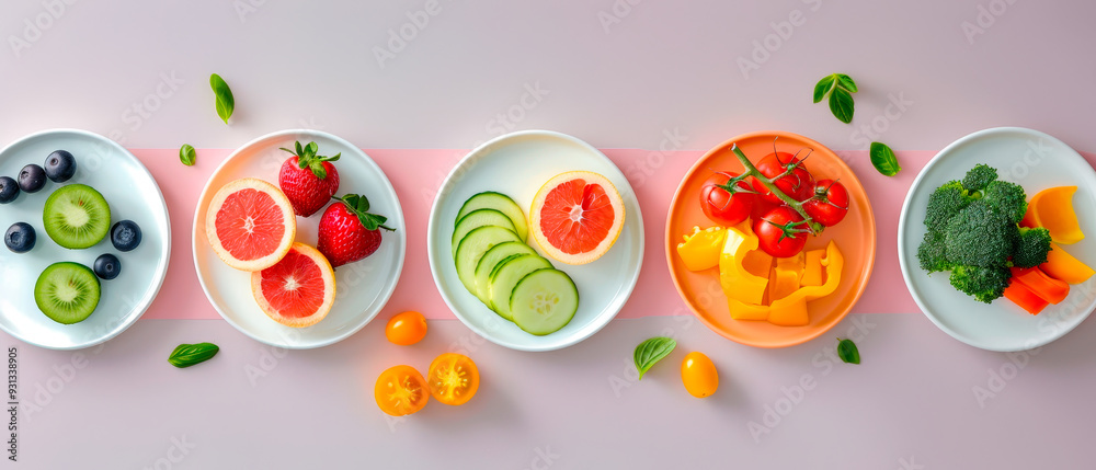 Top view row of plates with various fresh fruits and vegetables on them Top view row of plates with various fresh fruits and vegetables on them