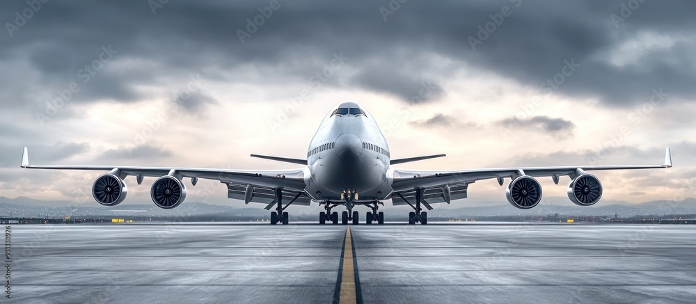 Naklejka premium Airplane Taxiing on Runway with Cloudy Sky