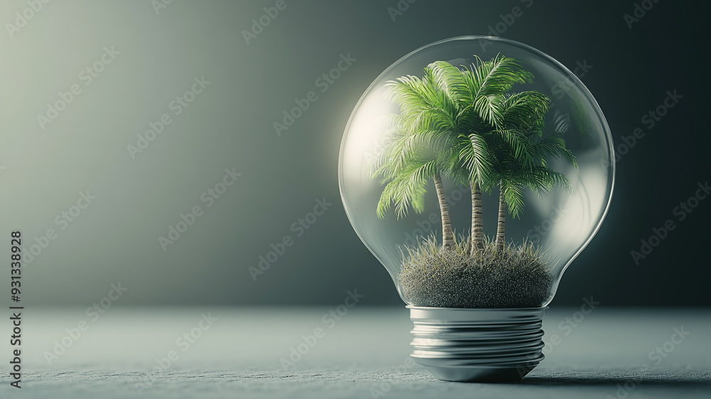 Green palm trees growing inside a light bulb resting on a smooth surface in a soft-lit environment Green palm trees growing inside a light bulb resting on a smooth surface in a soft-lit environment
