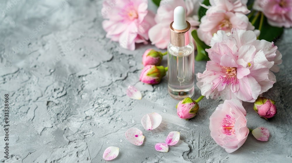 Beauty concept Glass dropper bottle with serum or essential oil pink flowers on concrete Skincare cosmetic for face and body care Beauty concept Glass dropper bottle with serum or essential oil pink flowers on concrete Skincare cosmetic for face and body care