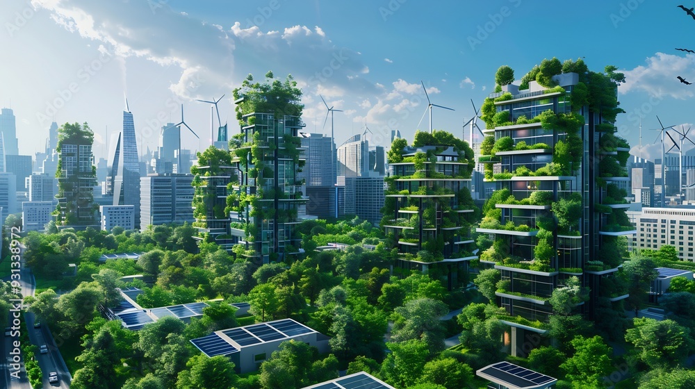 Obraz premium Sustainable Cityscape with Green Buildings and Wind Turbines