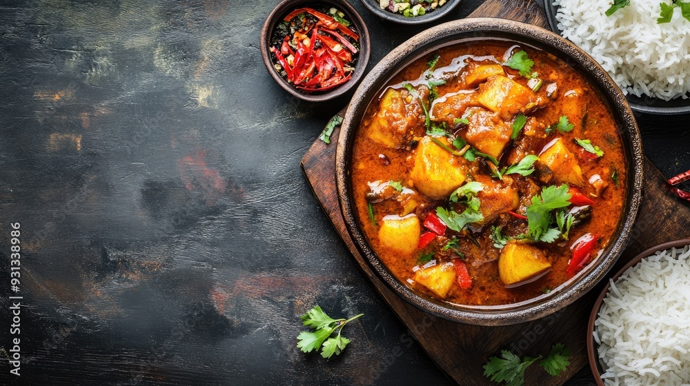 A traditional Bengali dish, macher jhol, served with rice and space on the side for copy A traditional Bengali dish, macher jhol, served with rice and space on the side for copy