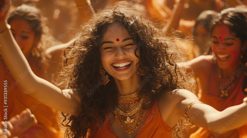 Fototapeta premium An Indian woman with curly hair, wearing an orange sari and jewelry, dancing on the Holi festival.