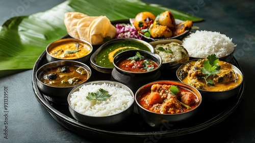 A traditional South Indian thali with various dishes, leaving space on top for copy