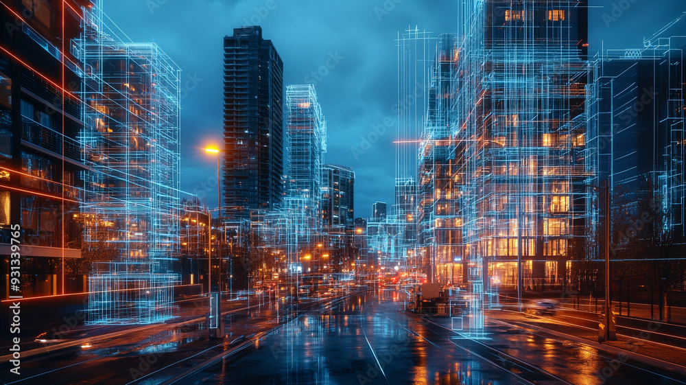 Urban skyline illuminated with digital overlays at dusk Urban skyline illuminated with digital overlays at dusk