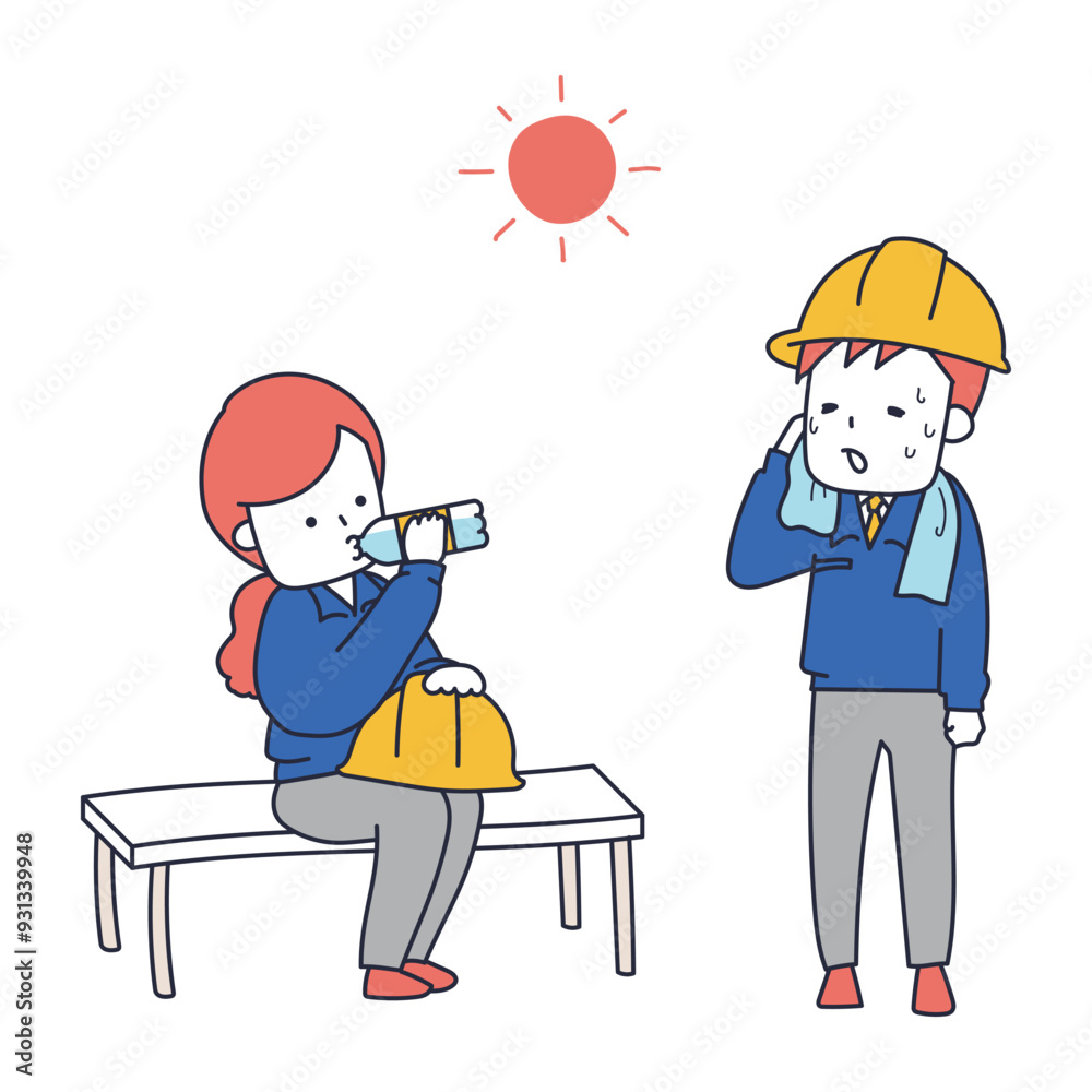 暑い中、休憩をとる作業服を着た2人の男女 暑い中、休憩をとる作業服を着た2人の男女