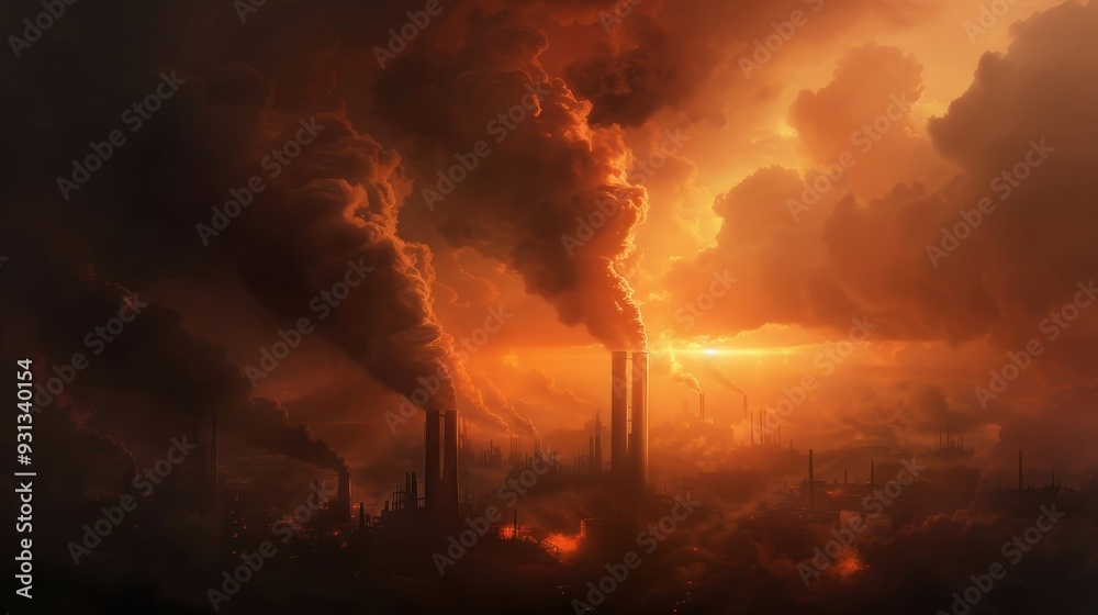 Dark Emissions from Industry, a haunting city skyline shrouded in thick smoke, starkly illustrating the urgent environmental pollution crisis amidst a foreboding storm. Dark Emissions from Industry, a haunting city skyline shrouded in thick smoke, starkly illustrating the urgent environmental pollution crisis amidst a foreboding storm.