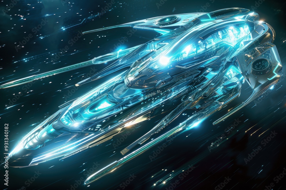A holographic spaceship, with sleek lines and glowing, transparent surfaces. A holographic spaceship, with sleek lines and glowing, transparent surfaces.