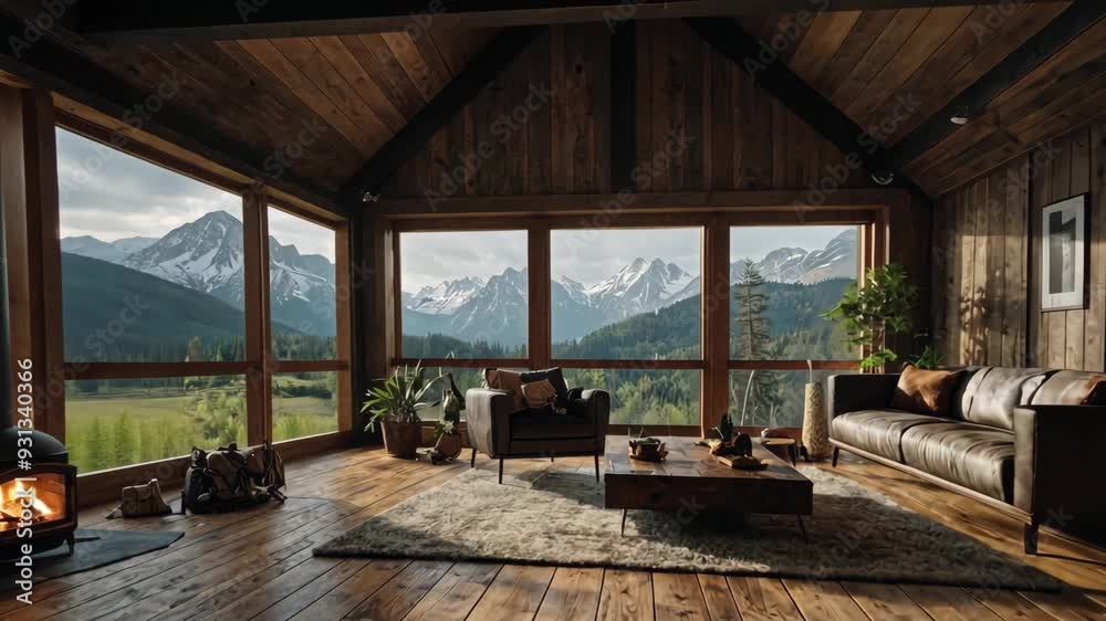Video animation of cozy interior of a cabin with large windows that offer a stunning view of a mountainous landscape Video animation of cozy interior of a cabin with large windows that offer a stunning view of a mountainous landscape