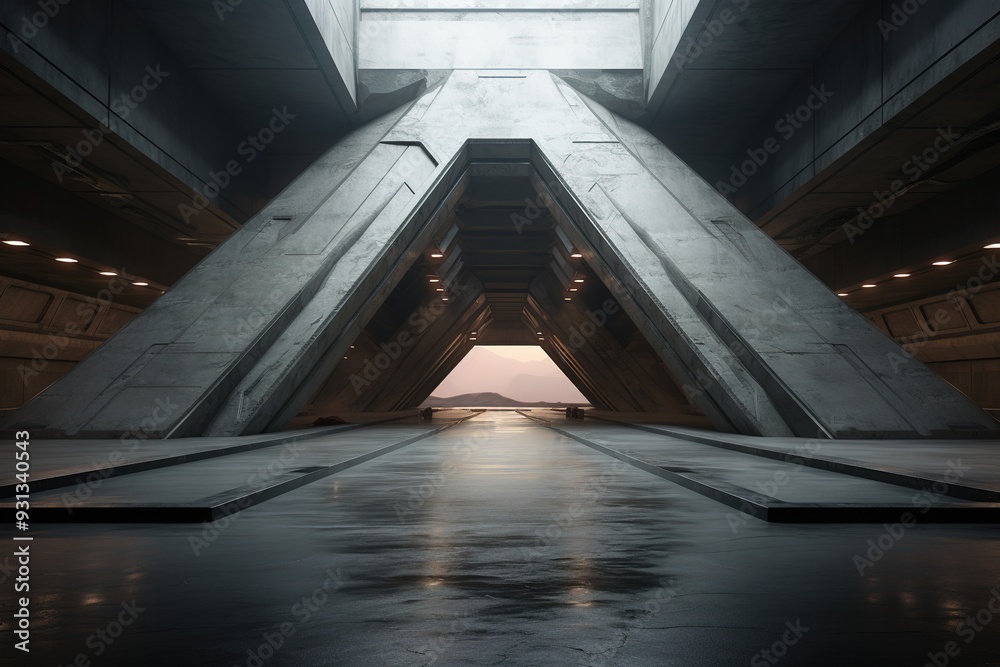 Futuristic concrete hallway with a distant view. Futuristic concrete hallway with a distant view.