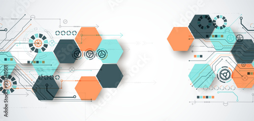 Abstract circuit board background with hexagons. Hi-tech digital technology concept. Hand drawn vector.