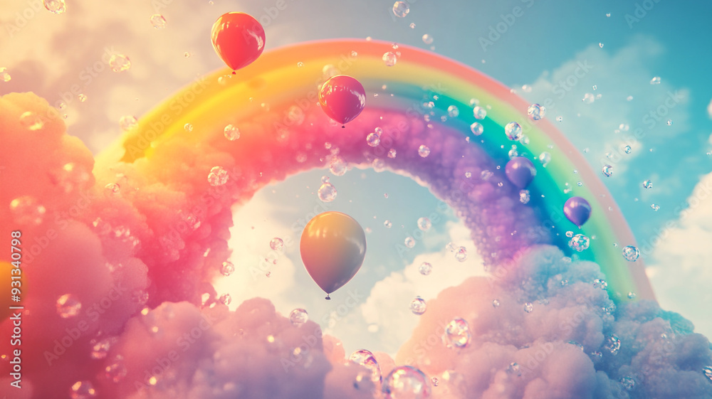 Fototapeta premium Hot air balloons float beneath a colorful rainbow arching over fluffy clouds during a sunny day