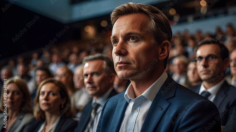 A businessman is presenting during a conference, while an attentive audience listens intently in a well-lit auditorium. Generative AI A businessman is presenting during a conference, while an attentive audience listens intently in a well-lit auditorium. Generative AI