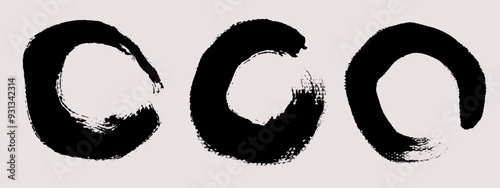 Brush strokes vector. Set of round text boxes and enso shapes. Torn zen circles. Grunge design elements. Dirty brush texture banners. Painted circles