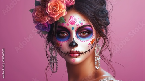 A Mexican woman wearing colorful Day of the Dead makeup on her face on a pink background.