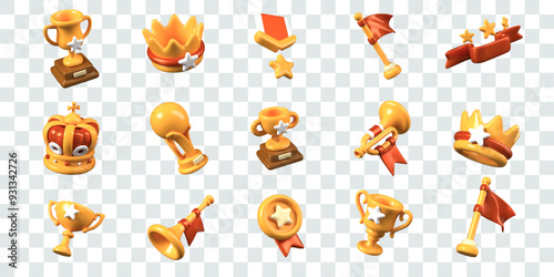 Golden cup, crown, trumpet, order, medal, flag, festive ribbon, star, ball on stand