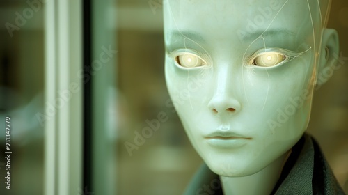 Close-up of futuristic android or humanoid robot with glowing eyes in green light, depicting advanced artificial intelligence and technology. photo