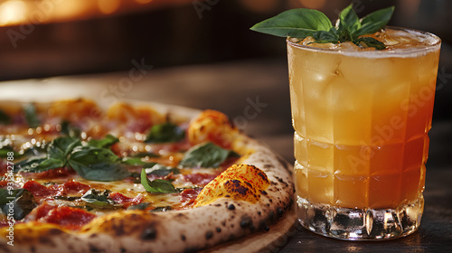 an orange cocktail with ice and garnished with basil, sitting next to a pizza on the table,