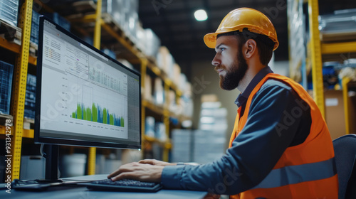 Warehouse supervisor reviewing inventory reports on a computer, with detailed charts and